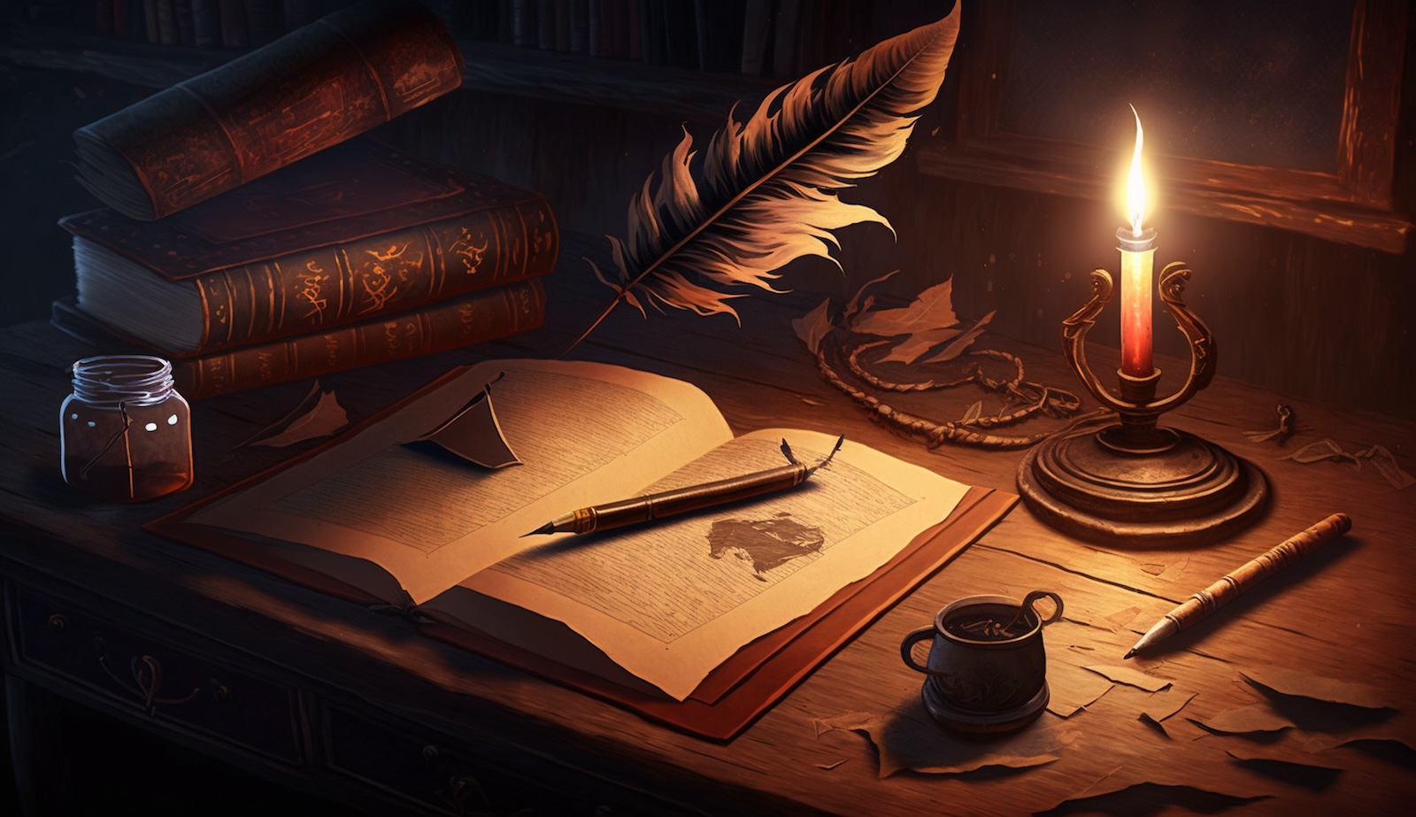 Books and writing materials on a warmly lit desk